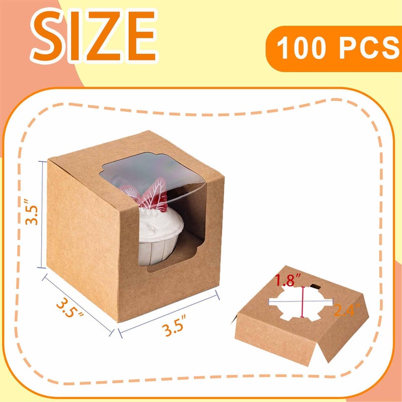 BOOMIBOO 100 Pack Individual Cupcake Containers, Cupcake Boxes with Window, Food Grade Cupcake Holders with Inserts, Stackable Deep Cupcake Carrier (Brown) - Image 2